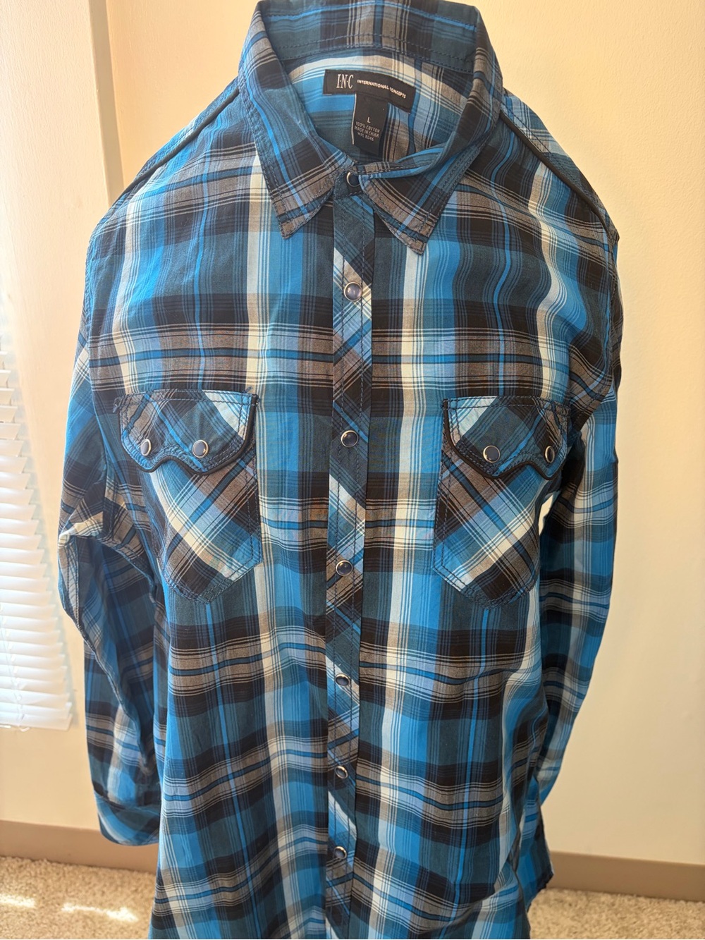 INC International Concepts Blue and Black Plaid Button-Down Shirt L